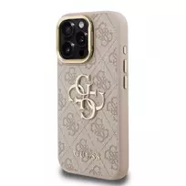 GUESS PU 4G Metal Logo Stand Camera Frame Case for iPhone 15 Pro Max, Pink