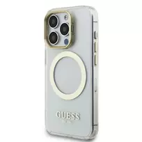 GUESS IML Gold Outline Stand Camera Frame MagSafe Case for iPhone 15 Pro Max, Transparent