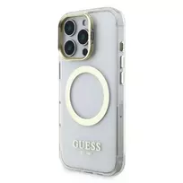 GUESS IML Gold Outline Stand Camera Frame MagSafe Case for iPhone 16 Pro Max, Transparent