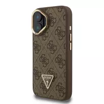 GUESS PU 4G Rhinestone Triangle Logo Stand Camera Frame MagSafe Case for iPhone 16 Brown