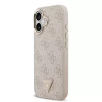 GUESS PU Leather 4G Rhinestone Triangle Logo Gold Frame MagSafe Case for iPhone 17 in Pink