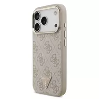GUESS PU Leather 4G Rhinestone Triangle Logo Gold Frame MagSafe Case for iPhone 17 Pro Pink