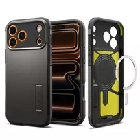 Spigen Tough Armor "T" phone case with stand and MagSafe support for Apple iPhone 17 Pro, gray