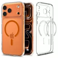 Spigen Ultra Hybrid Mag phone case with MagSafe support for iPhone 17 Pro, transparent orange