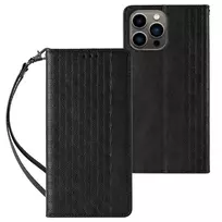Hurtel Magnetic Strap Case for Samsung Galaxy S23 Ultra Flip Wallet with Mini Lanyard and Stand, Black