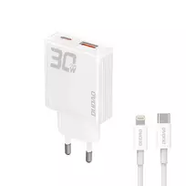 Dudao A30EUL travel charger | 30W | GaN | USB-A, USB-C | with USB-C to Lightning cable included | white