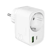 PURO 20W Power Delivery Charger with Schuko Plug and Socket, 1x USB-C + 1x USB-A - White