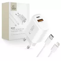 Tech-Protect NCA20 travel charger | 20W | PD, QC | USB-A, USB-C, Lightning | with USB-C to Lightning cable included | white