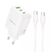 Borofone BN32 travel charger | 65W | PD, QC, GaN | USB-C, USB-A | with USB-C to USB-C cable included | white