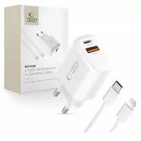 Tech-Protect NCA45W-GAN travel charger | 45W | PD, QC, GaN | USB-C, USB-A | includes USB-C to Lightning cable | white