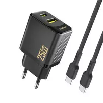 Dudao A26TCEU travel charger | 25W | PD, QC, GaN | USB-C, USB-A | with USB-C to USB-C cable included | black