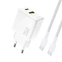 Dudao A26TCEU travel charger | 25W | PD, QC, GaN | USB-A, USB-C | with USB-C to USB-C cable included | white
