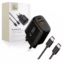 Tech-Protect NCA45W-GAN travel charger | 45W | PD, QC, GaN | USB-C, USB-A | with USB-C to USB-C cable included | black