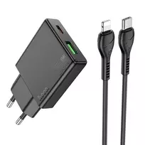 Hoco N38 travel charger | 20W | PD, QC | USB-C, USB-A | with USB-C to Lightning cable included | black