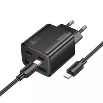 Hoco N55 travel charger | 20W | PD, QC, PPS | USB-C, USB-A | with USB-C to Lightning cable included | black