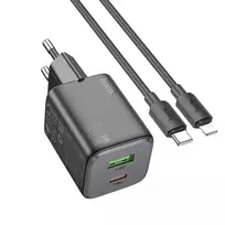 Hoco N41 travel charger | 20W | PD, QC, GaN, PPS | USB-C, USB-A | with USB-C to Lightning cable included | black