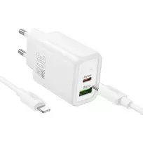 Hoco N63 travel charger | 30W | PD, QC | USB-C, USB-A | with USB-C to Lightning cable included | white