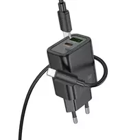 Hoco N61 travel charger | 20W | PD, QC | USB-C, USB-A | with USB-C to Lightning cable included | black