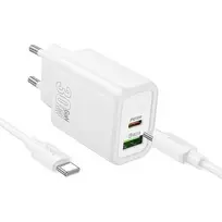 Hoco Phone charger USB A + USB C QC3.0 PD 3A 30W + USB C to USB C cable, white