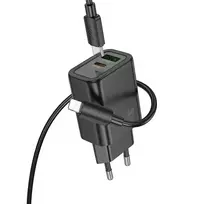 Hoco N63 travel charger | 30W | PD, QC | USB-A, USB-C | with USB-C to Lightning cable included | black