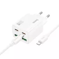 Hoco N56 travel charger | 30W | PD, QC, PPS | USB-C, USB-A | with USB-C to Lightning cable included | white