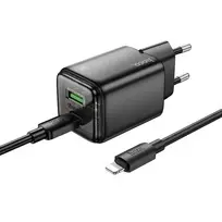 Hoco N52 travel charger | 20W | PD, QC | USB-C, USB-A | with USB-C to Lightning cable included | black
