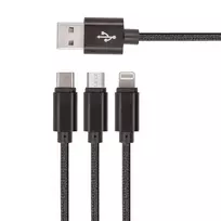 Setty 3in1 USB nylon cable, black. 3-in-1 data transfer and charging cable | USB-A to Micro USB, USB-C, Lightning | black