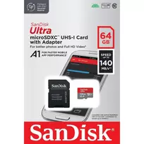 SANDISK ultra Android microSDXC 64GB memory card, 140MB/s, A1, Class 10, UHS-I + adapter