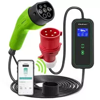 Qoltec Portable 11kW 3-phase EV charger with adjustable 2-in-1 Type 2 connector, CEE 32A, Wi-Fi, LCD display, and 5m cable—suitable for wallbox installation