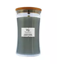 Woodwick Evergreen Cashmere scented candle with wooden wick, 609 g