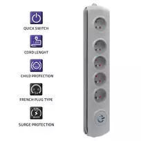 Qoltec Surge protector | 5 outlets | 1.8m | Grey