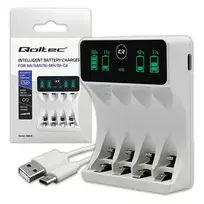 Qoltec Ni-MH Battery Charger for R03 AAA and R6 AA Batteries | LCD Display | USB-C Cable | White