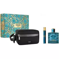 Versace  Eros for Men 3-Piece Gift Set, 3.4oz EDT Spray, 10ml EDT Spray, Blue Trousse