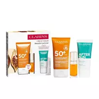 Clarins Set: Hydrating Sunscreen Cream for Face, SPF 50+, 50 ml + Regenerating After-Sun Balm, 30 ml + Lip Confort Lip Oil, 01, 7 ml