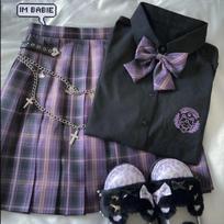 Japoniškas Harajuku trijų dalių rinkinys Pledas Mini Moteriškas sijonas Mokyklos uniformos Sijonas A linijos saldus aukštu juosmeniu moteriški Kawaii kostiumai ir komplektai S violetinė