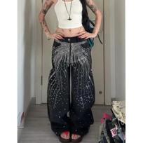 Women's Plus Size Distressed Star-Print Rhinestone-Embellished Curved-Leg Jeans Streetwear Loose-Fit Slimming Wide-Leg Trousers S black