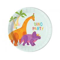 Popierinės lėkštutės „Dino Party“ – vaikiškos vienkartinės lėkštutės su dinozaurais, 20 cm (8 vnt.)