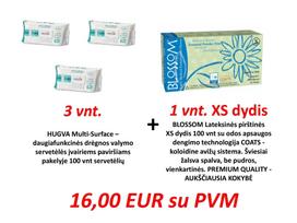 3 vnt. HUGVA Multi-Surface – daugiafunkcinės drėgnos valymo servetėlės įvairiems paviršiams 100 vnt pakelyje ir 1 vnt. BLOSSOM Lateksinės pirštinės XS dydis 100 vnt.