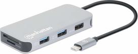Manhattan USB-C Dock/Hub with Card Reader, Ports (x6): Ethernet, HDMI, USB-A (x3) and USB-C, With Power Delivery (100W) to USB-C Port (Note additional USB-C wall charger and USB-C cable needed), Universal for all devices, Cable 15cm, Aluminium, Silver