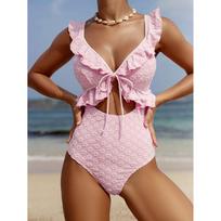 Light Pink One Piece Swimsuit for Women High Waist Hollow Out Ruffle Suspender Backless Monokini Bikini Beach Swimwear S rožinė
