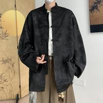 Male Hip Hop Gothic Tops Chinese Style Jacquard Dragon Shirt Harajuku Blouses Satin Streetwear Long Sleeve Tang Clothes XL juoda