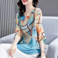 Women Spring Summer Style Chiffon Blouses Shirts Lady Casual Three Quartz Sleeve O-Neck Printed Loose Blusas Tops XXXXL juoda
