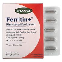 Flora, Ferritin+, Augalinis geležies feritinas, Lėtai išsiskiriantis, 30 daržovių kapsulių