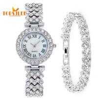 Moteriškų laikrodžių apyrankių rinkinys, apvalus ciferblatas, blizgūs kalnų krištolai, romėniškų skaitmenų rodyklės ekranas Watch+Bracelet auksinė