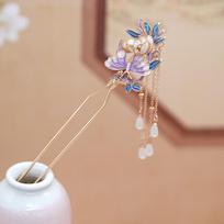 New Chinese Butterfly Flower Hairpin Female Pearl Walking Fringed Hairpin Ancient Hanfu Headdress Retro And Elegant Hair Accessories gray