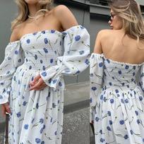 Women's Autumn One-piece Collar Floral Pleated Lantern Sleeve Long Sleeved Dress XL mėlyna
