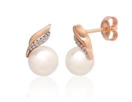 Auksiniai auskarai-vinukai su briliantais ir perlais, 585 raudonas auksas, 13 mm