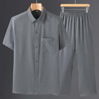 Vyriškas vasarinis patogus kostiumas vidutinio amžiaus ir vyresniems, vienspalvis, paprasti marškiniai trumpomis rankovėmis + laisvalaikio kelnės, dviejų dalių rinkinys 4XL gray