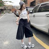 High Waist Jeans for Women Fashionable Retro Straight Leg Loose Pants Harajuku Style Y2k Casual Shorts XXS juoda