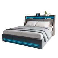 Dvigulė lova, 140x190 cm, lova su atlošu, LED ir USB lizdais, drobiniu audiniu, pilka
